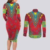 Haiti Choeblack Dashiki Style Couples Matching Long Sleeve Bodycon Dress and Long Sleeve Button Shirt Red Color