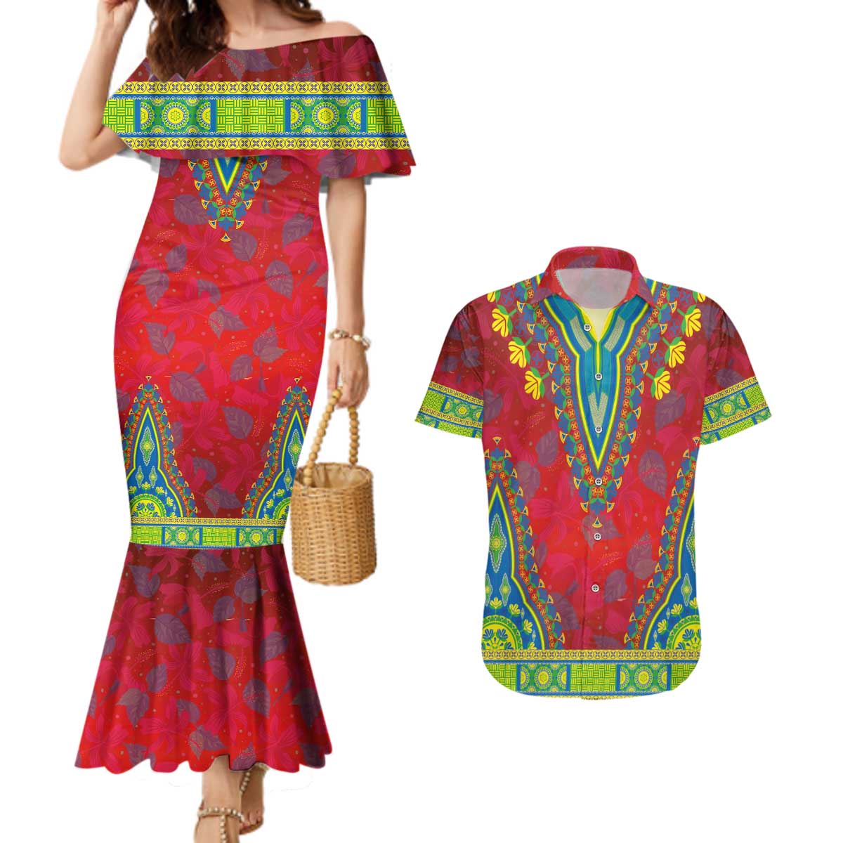 Haiti Choeblack Dashiki Style Couples Matching Mermaid Dress and Hawaiian Shirt Red Color