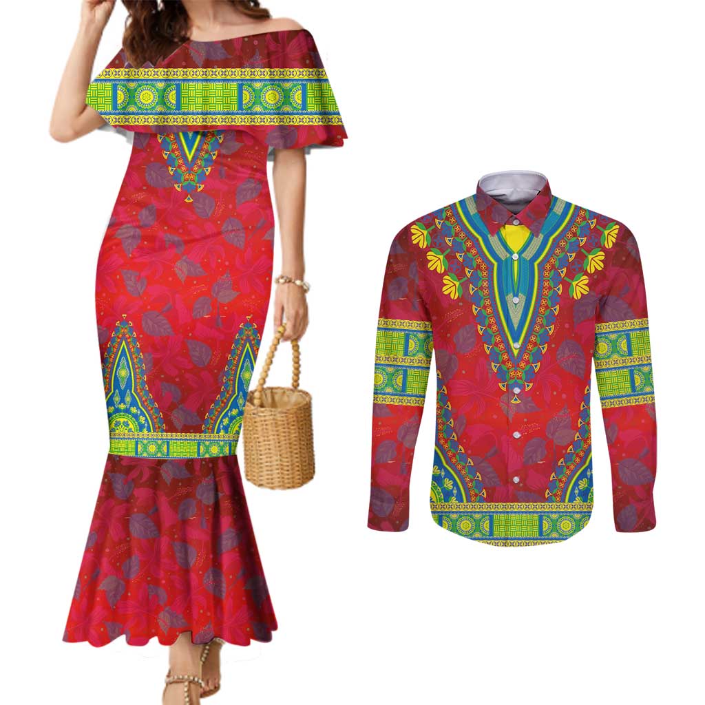 Haiti Choeblack Dashiki Style Couples Matching Mermaid Dress and Long Sleeve Button Shirt Red Color