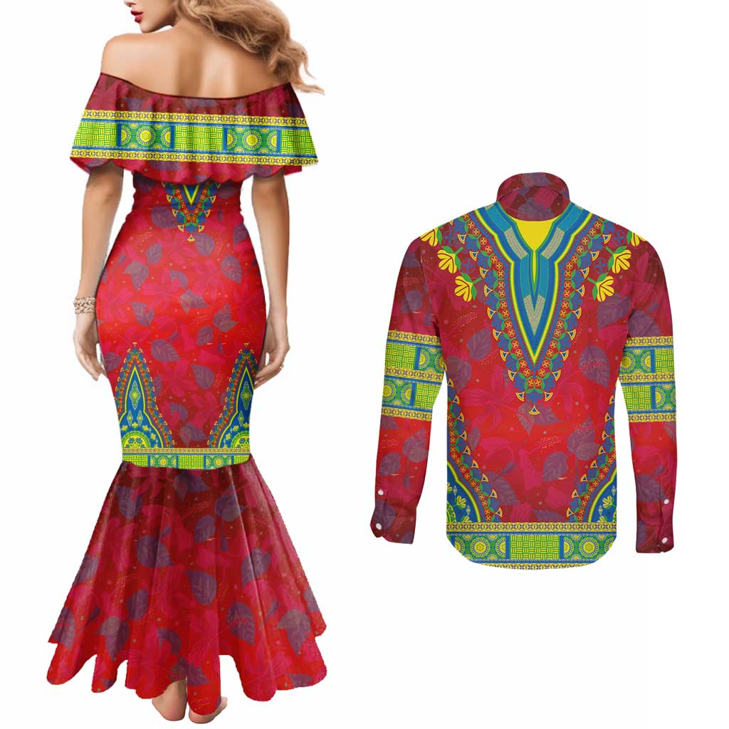Haiti Choeblack Dashiki Style Couples Matching Mermaid Dress and Long Sleeve Button Shirt Red Color