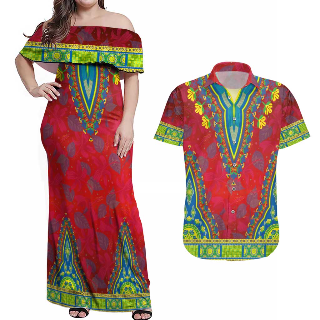 Haiti Choeblack Dashiki Style Couples Matching Off Shoulder Maxi Dress and Hawaiian Shirt Red Color