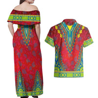 Haiti Choeblack Dashiki Style Couples Matching Off Shoulder Maxi Dress and Hawaiian Shirt Red Color