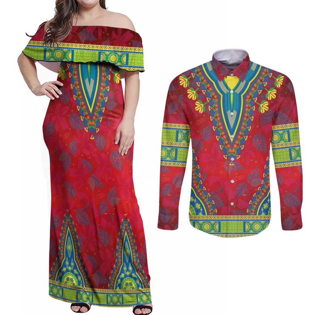 Haiti Choeblack Dashiki Style Couples Matching Off Shoulder Maxi Dress and Long Sleeve Button Shirt Red Color