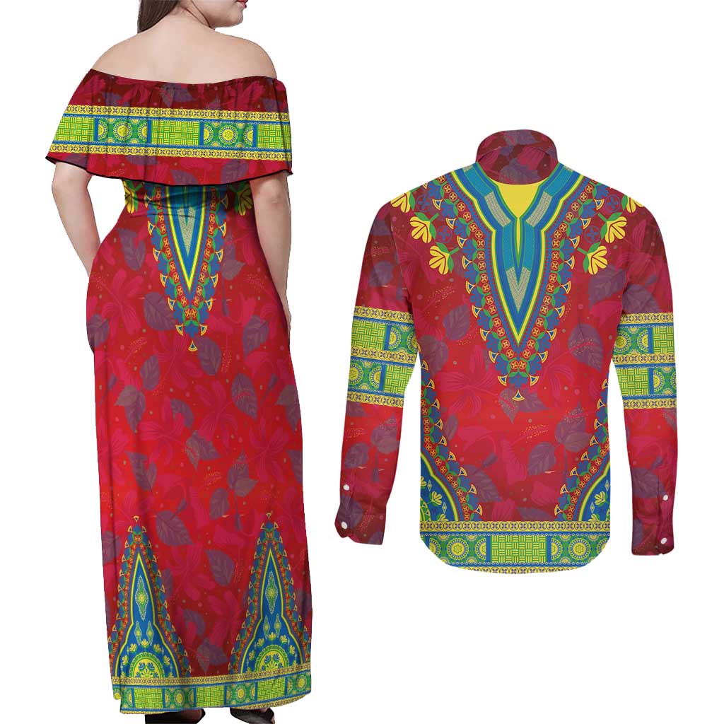 Haiti Choeblack Dashiki Style Couples Matching Off Shoulder Maxi Dress and Long Sleeve Button Shirt Red Color