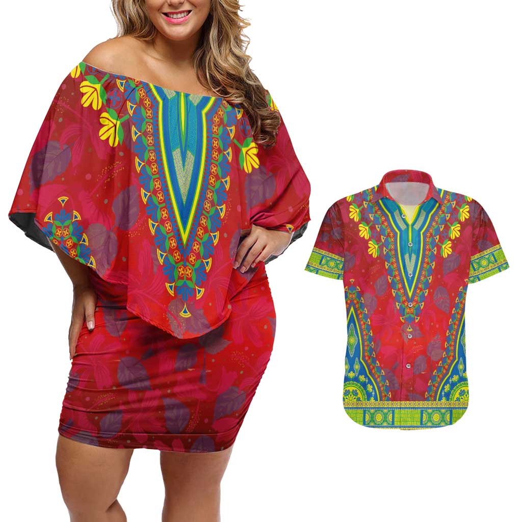Haiti Choeblack Dashiki Style Couples Matching Off Shoulder Short Dress and Hawaiian Shirt Red Color