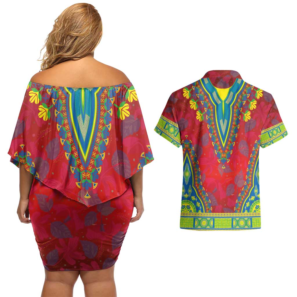 Haiti Choeblack Dashiki Style Couples Matching Off Shoulder Short Dress and Hawaiian Shirt Red Color