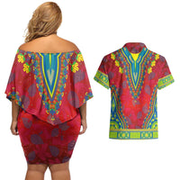 Haiti Choeblack Dashiki Style Couples Matching Off Shoulder Short Dress and Hawaiian Shirt Red Color