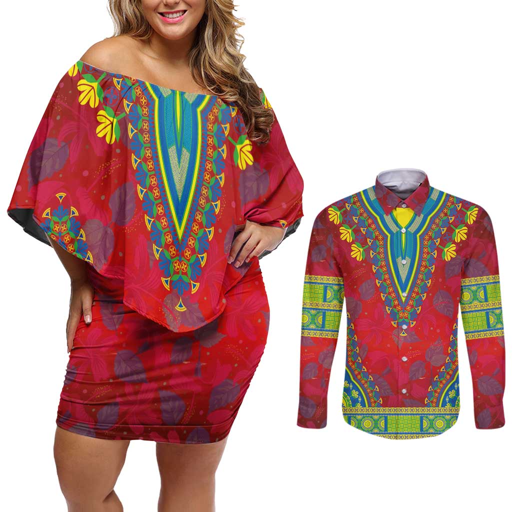 Haiti Choeblack Dashiki Style Couples Matching Off Shoulder Short Dress and Long Sleeve Button Shirt Red Color