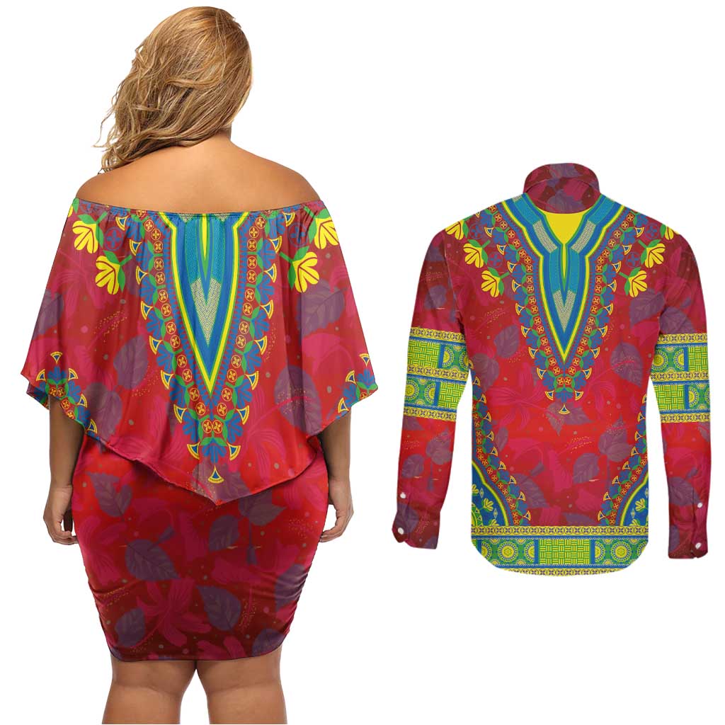 Haiti Choeblack Dashiki Style Couples Matching Off Shoulder Short Dress and Long Sleeve Button Shirt Red Color