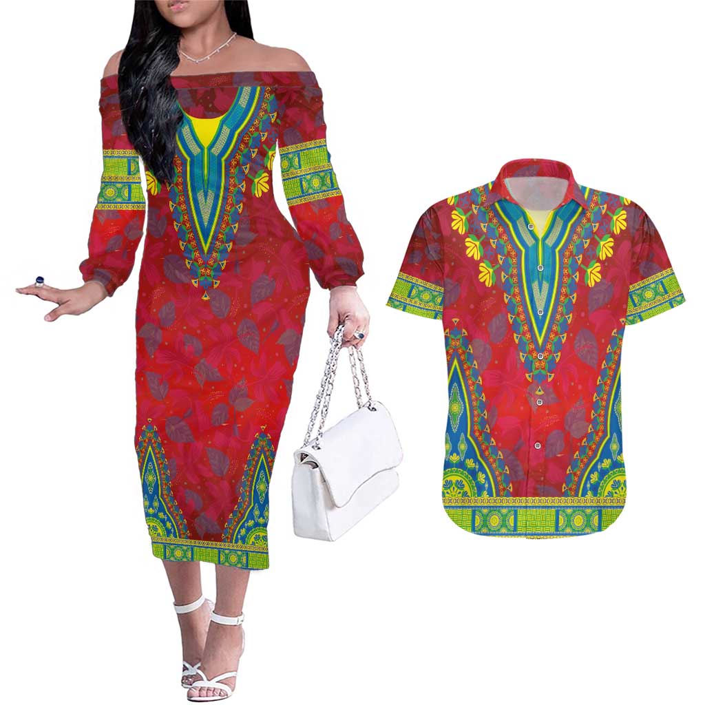 Haiti Choeblack Dashiki Style Couples Matching Off The Shoulder Long Sleeve Dress and Hawaiian Shirt Red Color
