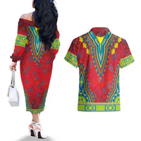 Haiti Choeblack Dashiki Style Couples Matching Off The Shoulder Long Sleeve Dress and Hawaiian Shirt Red Color