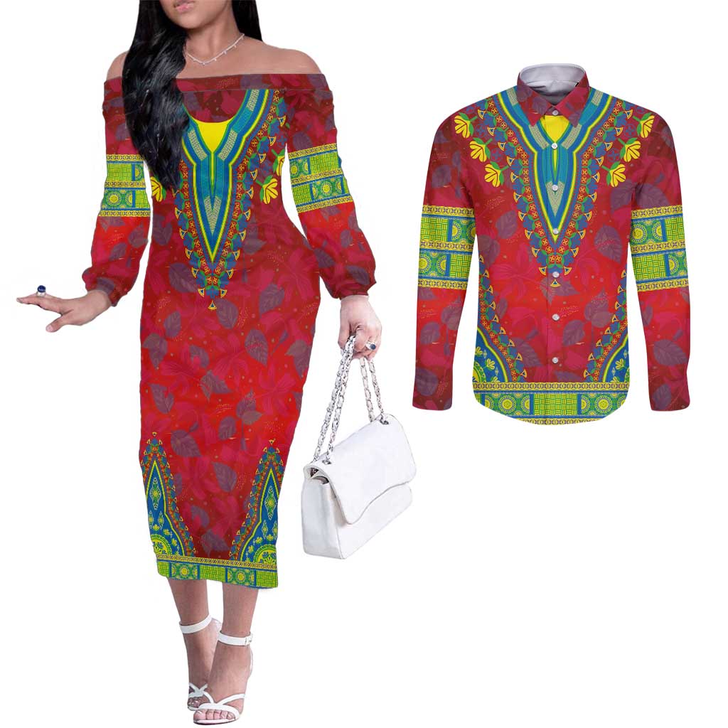 Haiti Choeblack Dashiki Style Couples Matching Off The Shoulder Long Sleeve Dress and Long Sleeve Button Shirt Red Color