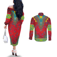 Haiti Choeblack Dashiki Style Couples Matching Off The Shoulder Long Sleeve Dress and Long Sleeve Button Shirt Red Color