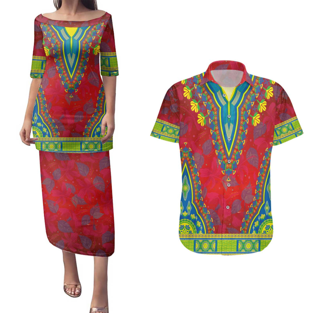 Haiti Choeblack Dashiki Style Couples Matching Puletasi and Hawaiian Shirt Red Color
