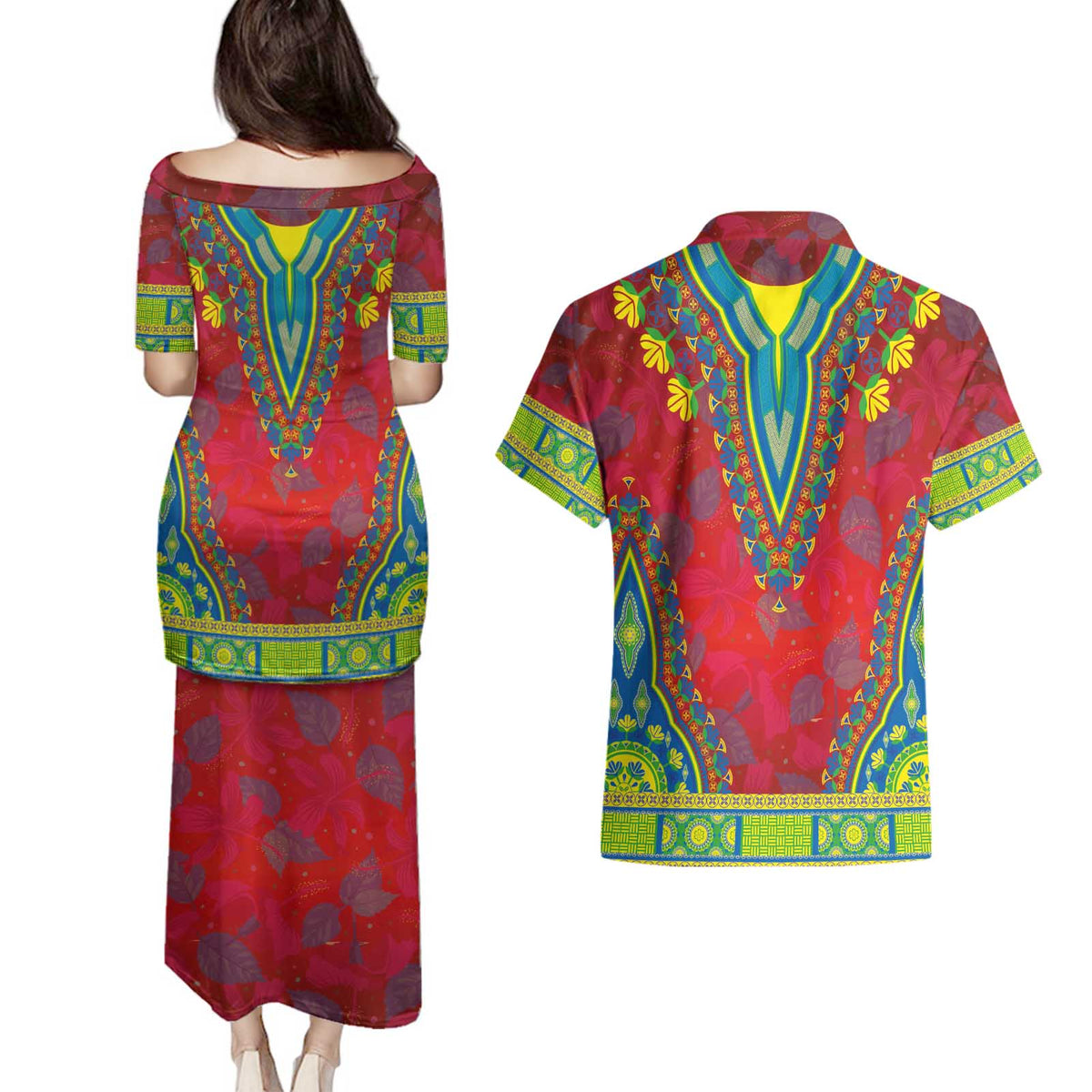 Haiti Choeblack Dashiki Style Couples Matching Puletasi and Hawaiian Shirt Red Color