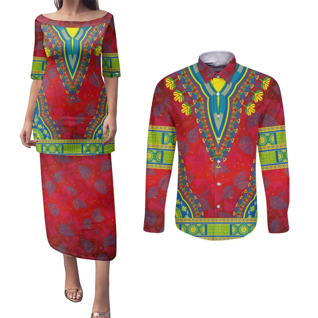 Haiti Choeblack Dashiki Style Couples Matching Puletasi and Long Sleeve Button Shirt Red Color