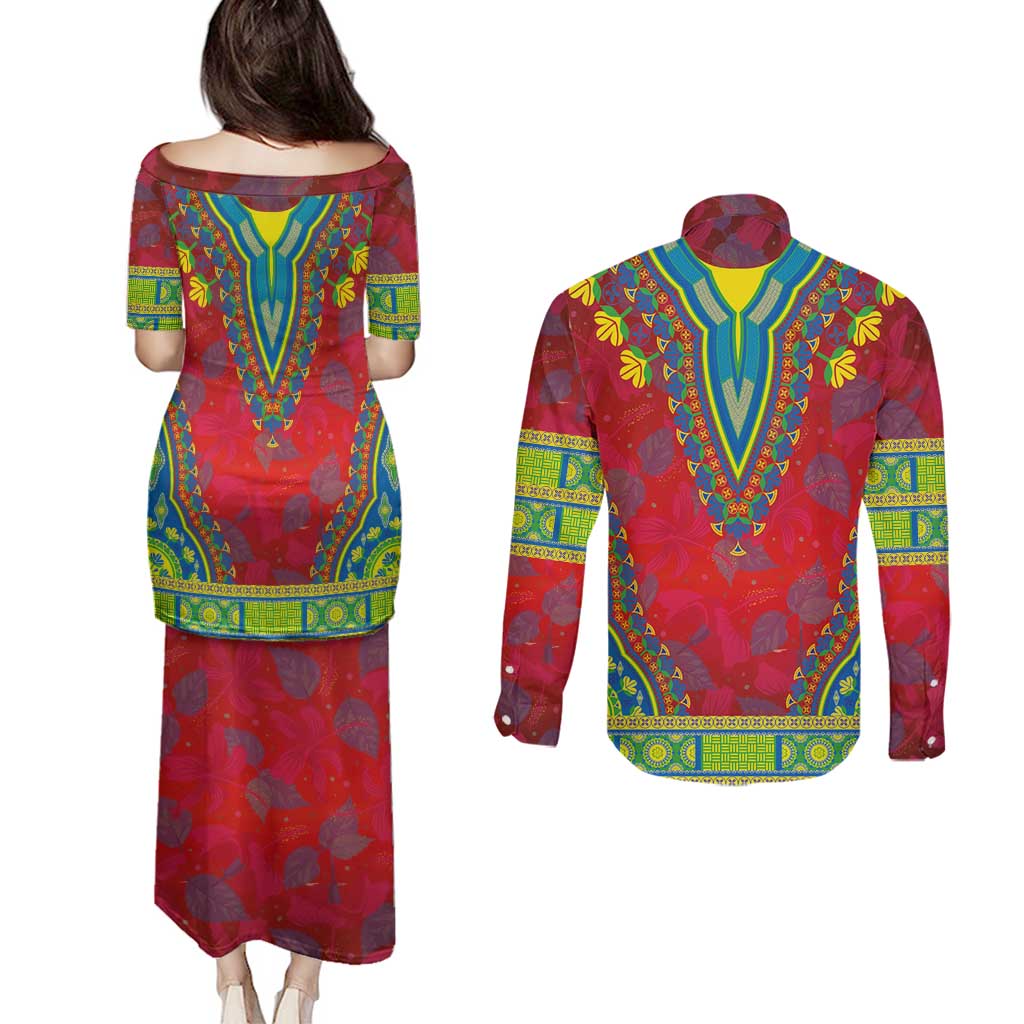 Haiti Choeblack Dashiki Style Couples Matching Puletasi and Long Sleeve Button Shirt Red Color
