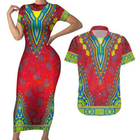 Haiti Choeblack Dashiki Style Couples Matching Short Sleeve Bodycon Dress and Hawaiian Shirt Red Color