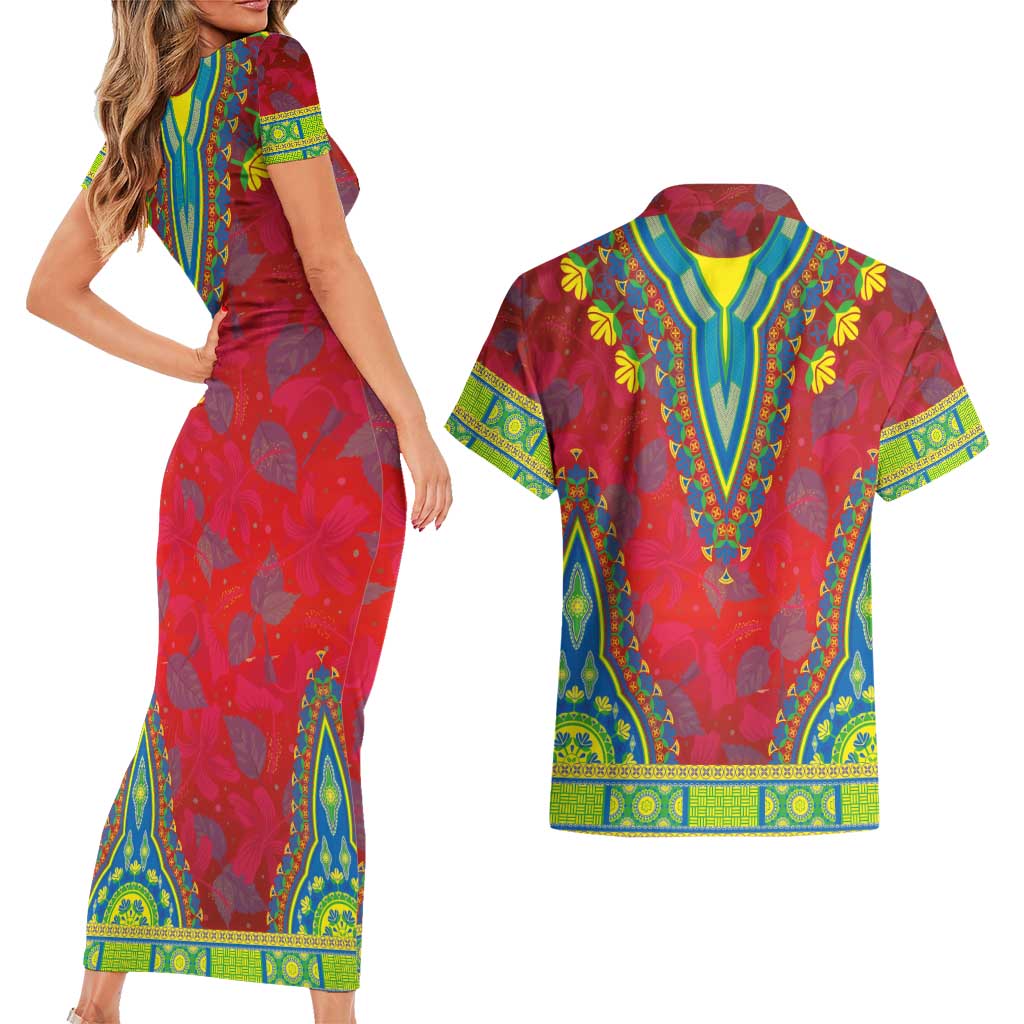 Haiti Choeblack Dashiki Style Couples Matching Short Sleeve Bodycon Dress and Hawaiian Shirt Red Color