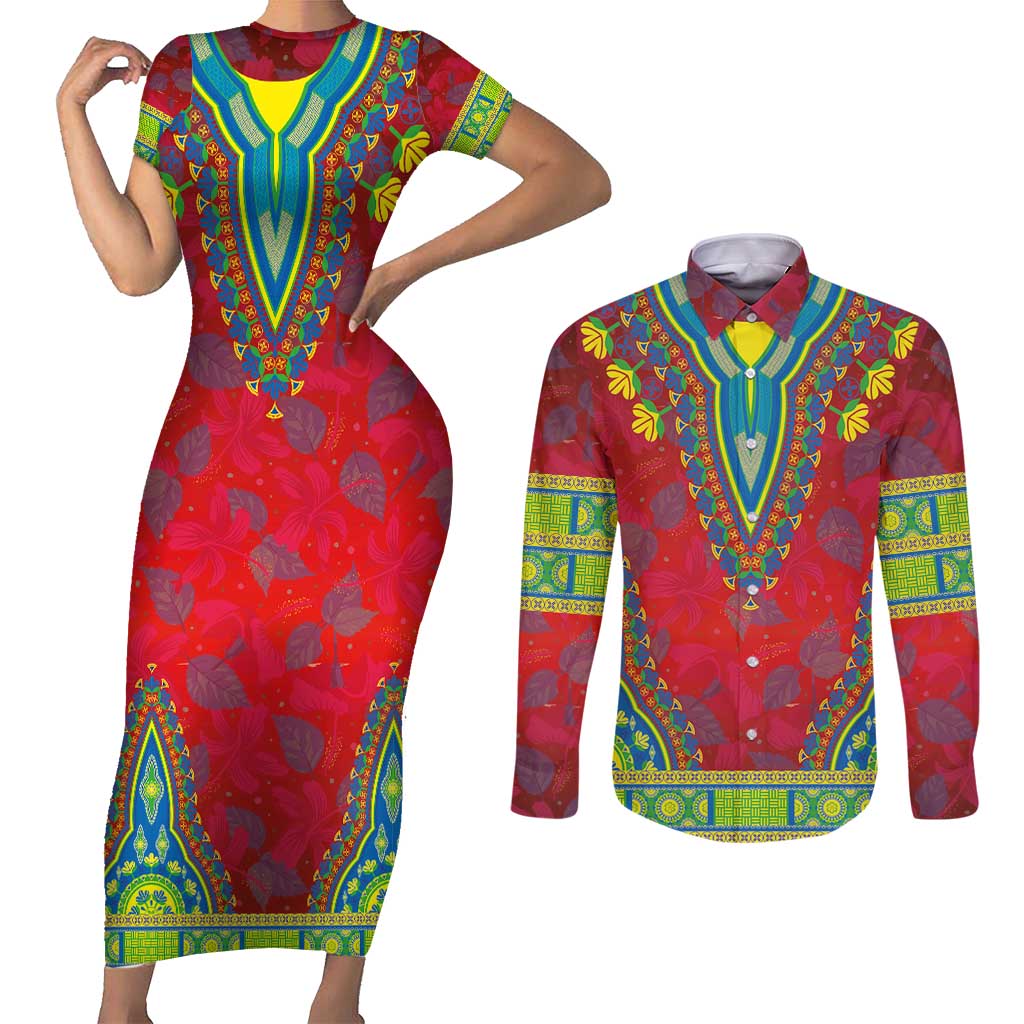 Haiti Choeblack Dashiki Style Couples Matching Short Sleeve Bodycon Dress and Long Sleeve Button Shirt Red Color