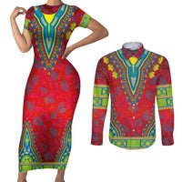 Haiti Choeblack Dashiki Style Couples Matching Short Sleeve Bodycon Dress and Long Sleeve Button Shirt Red Color