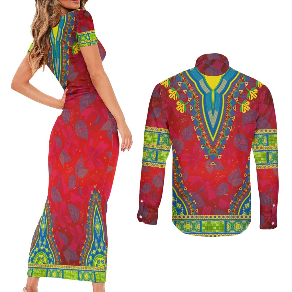 Haiti Choeblack Dashiki Style Couples Matching Short Sleeve Bodycon Dress and Long Sleeve Button Shirt Red Color