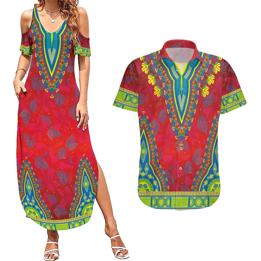Haiti Choeblack Dashiki Style Couples Matching Summer Maxi Dress and Hawaiian Shirt Red Color