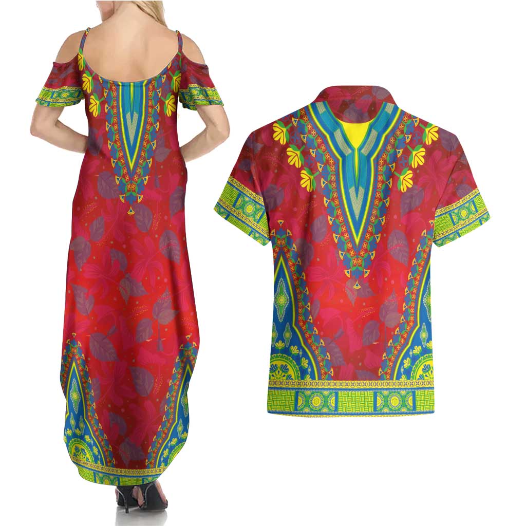 Haiti Choeblack Dashiki Style Couples Matching Summer Maxi Dress and Hawaiian Shirt Red Color