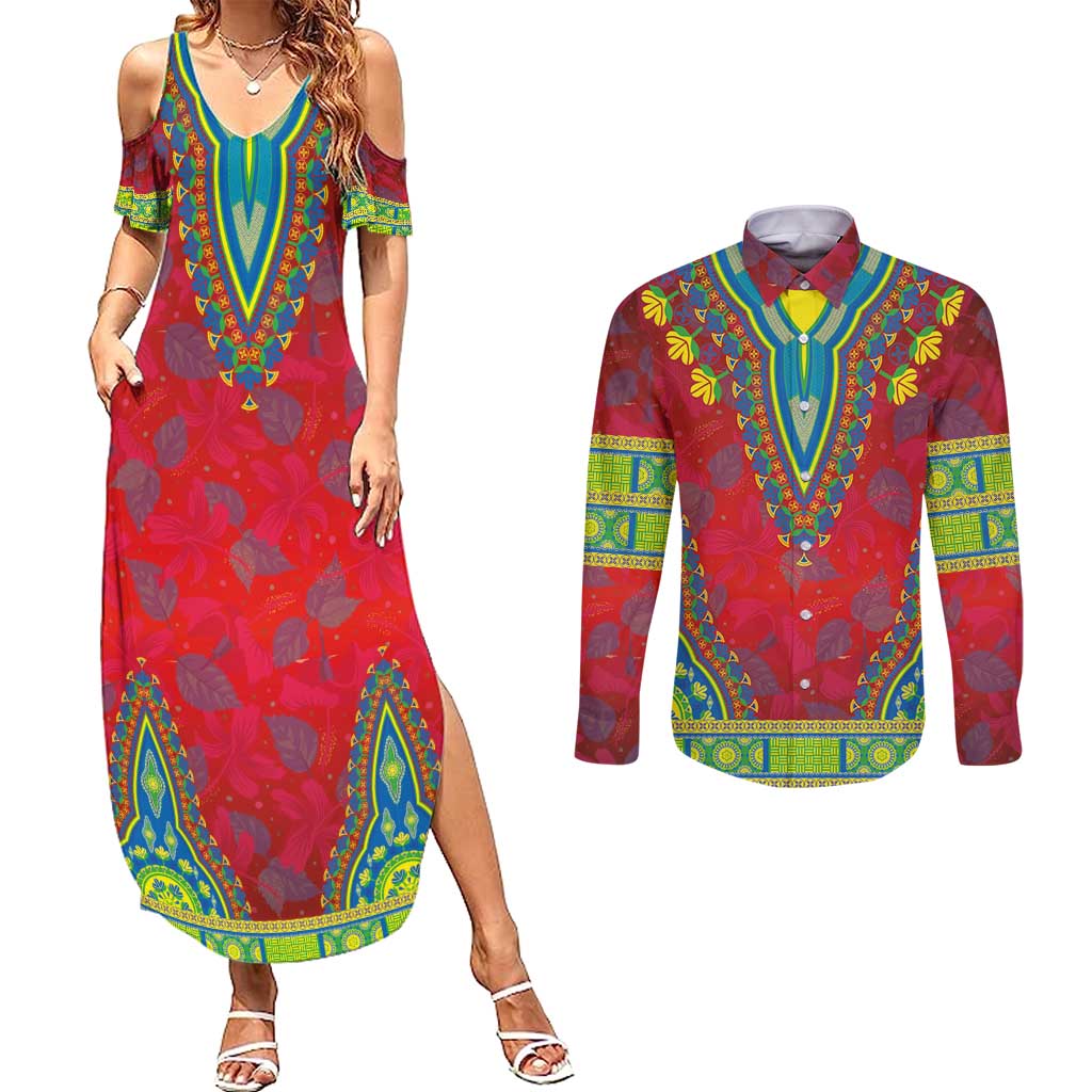 Haiti Choeblack Dashiki Style Couples Matching Summer Maxi Dress and Long Sleeve Button Shirt Red Color