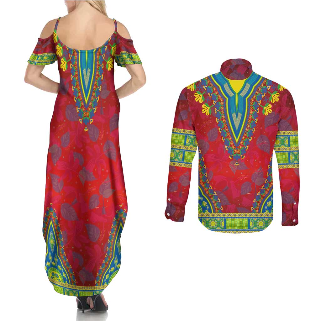 Haiti Choeblack Dashiki Style Couples Matching Summer Maxi Dress and Long Sleeve Button Shirt Red Color