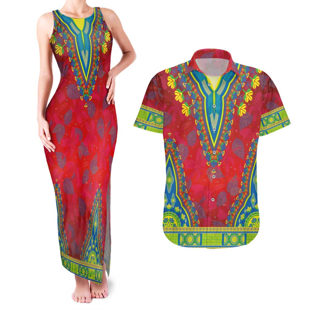 Haiti Choeblack Dashiki Style Couples Matching Tank Maxi Dress and Hawaiian Shirt Red Color
