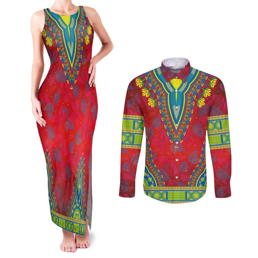Haiti Choeblack Dashiki Style Couples Matching Tank Maxi Dress and Long Sleeve Button Shirt Red Color