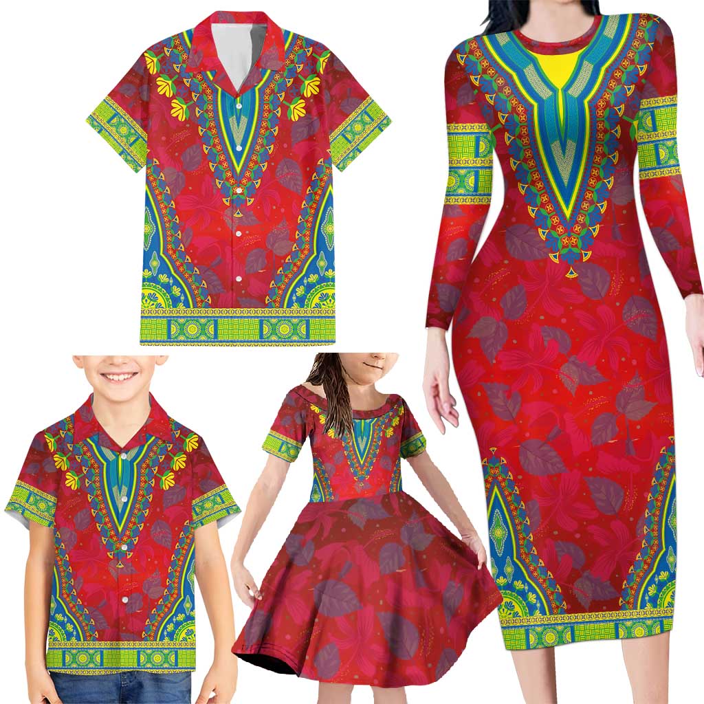 Haiti Choeblack Dashiki Style Family Matching Long Sleeve Bodycon Dress and Hawaiian Shirt Red Color