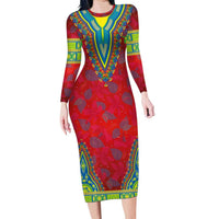 Haiti Choeblack Dashiki Style Family Matching Long Sleeve Bodycon Dress and Hawaiian Shirt Red Color