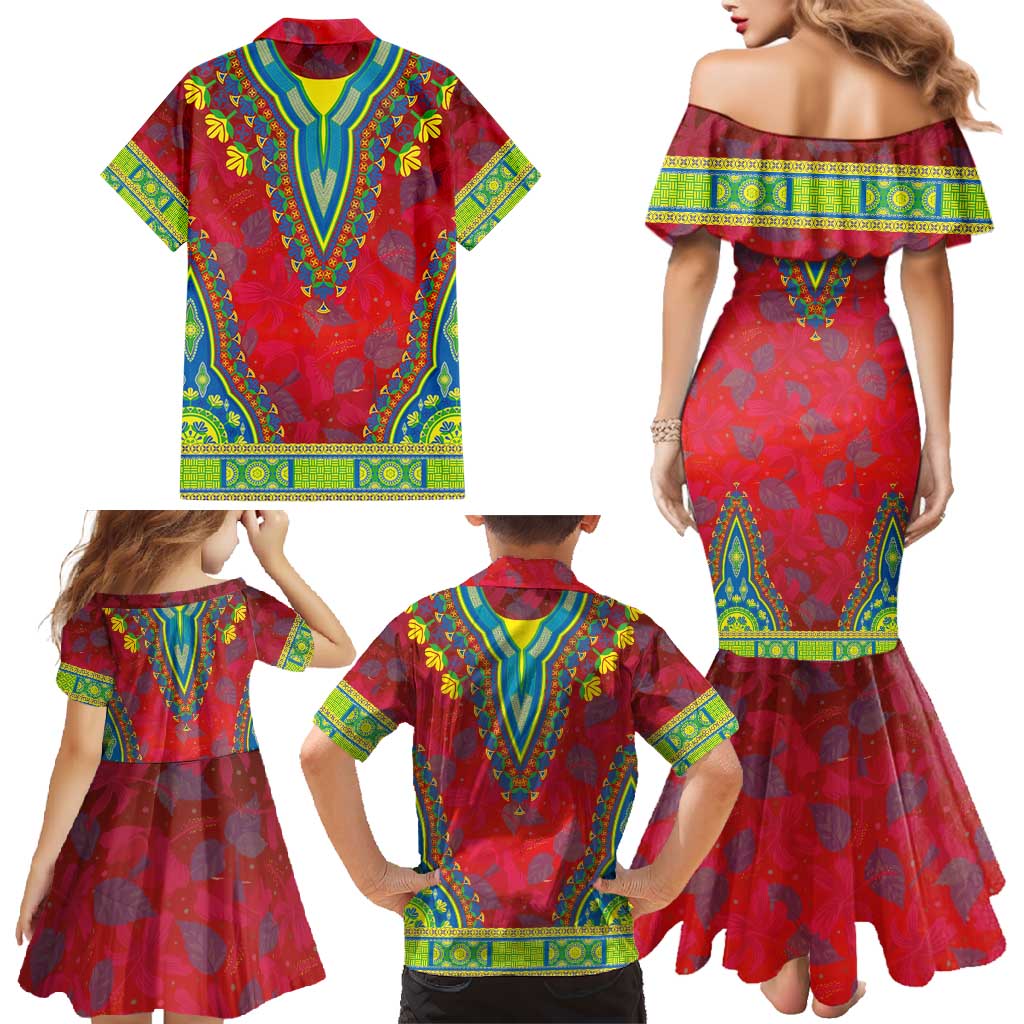 Haiti Choeblack Dashiki Style Family Matching Mermaid Dress and Hawaiian Shirt Red Color