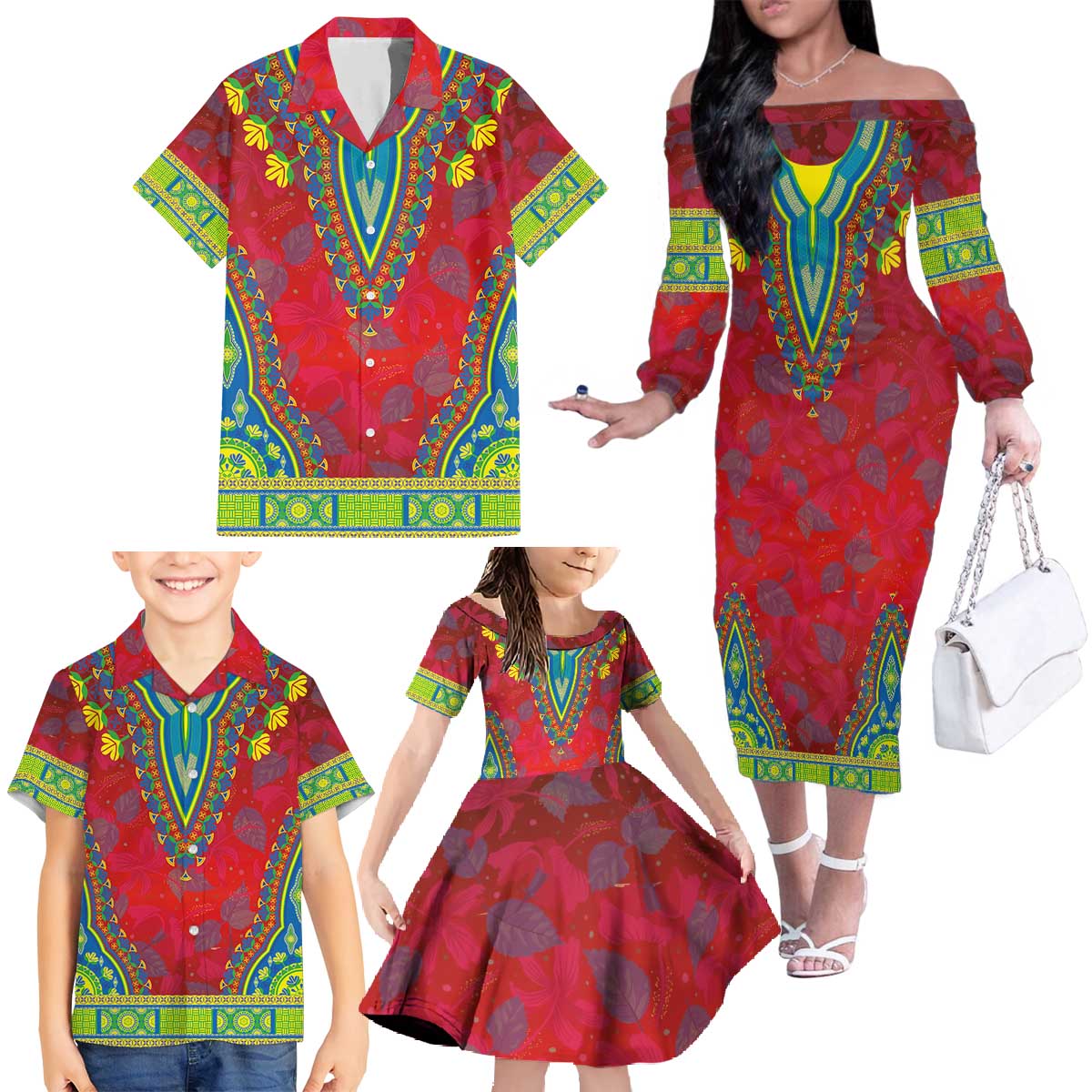 Haiti Choeblack Dashiki Style Family Matching Off The Shoulder Long Sleeve Dress and Hawaiian Shirt Red Color