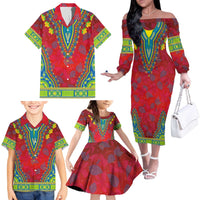 Haiti Choeblack Dashiki Style Family Matching Off The Shoulder Long Sleeve Dress and Hawaiian Shirt Red Color