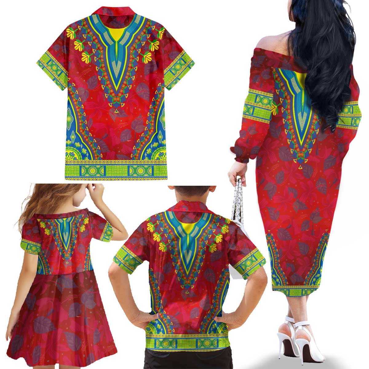 Haiti Choeblack Dashiki Style Family Matching Off The Shoulder Long Sleeve Dress and Hawaiian Shirt Red Color
