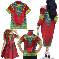Haiti Choeblack Dashiki Style Family Matching Off The Shoulder Long Sleeve Dress and Hawaiian Shirt Red Color