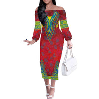 Haiti Choeblack Dashiki Style Family Matching Off The Shoulder Long Sleeve Dress and Hawaiian Shirt Red Color
