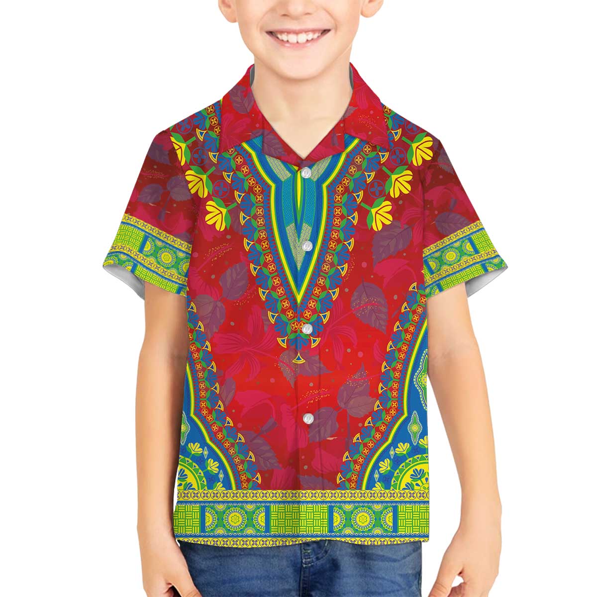 Haiti Choeblack Dashiki Style Family Matching Off The Shoulder Long Sleeve Dress and Hawaiian Shirt Red Color