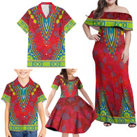 Haiti Choeblack Dashiki Style Family Matching Off Shoulder Maxi Dress and Hawaiian Shirt Red Color