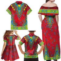 Haiti Choeblack Dashiki Style Family Matching Off Shoulder Maxi Dress and Hawaiian Shirt Red Color