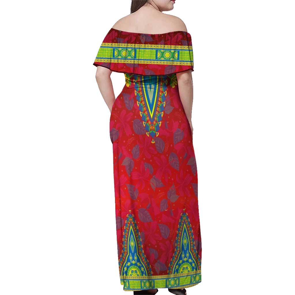 Haiti Choeblack Dashiki Style Family Matching Off Shoulder Maxi Dress and Hawaiian Shirt Red Color