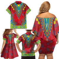 Haiti Choeblack Dashiki Style Family Matching Off Shoulder Short Dress and Hawaiian Shirt Red Color