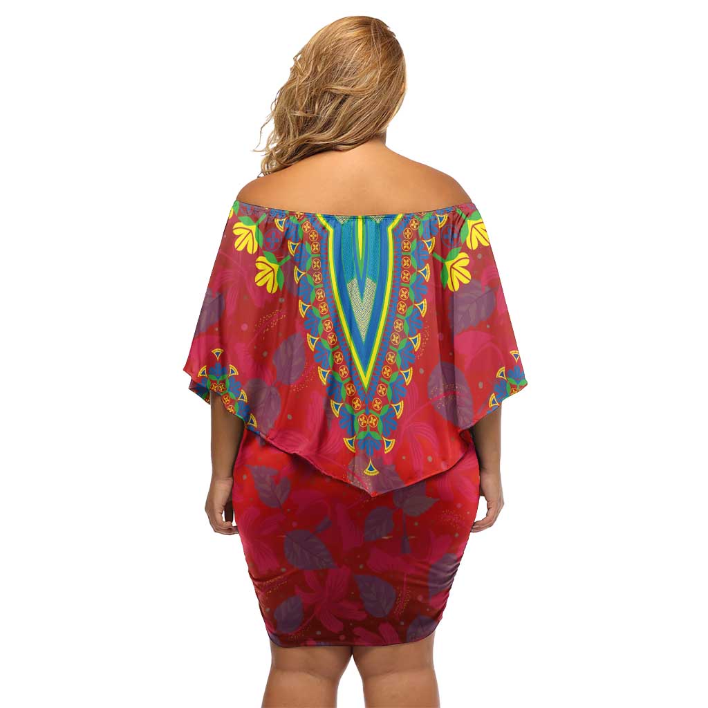 Haiti Choeblack Dashiki Style Family Matching Off Shoulder Short Dress and Hawaiian Shirt Red Color