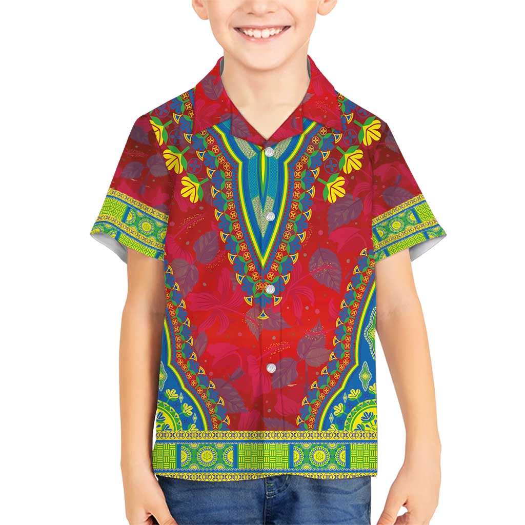 Haiti Choeblack Dashiki Style Family Matching Off Shoulder Short Dress and Hawaiian Shirt Red Color