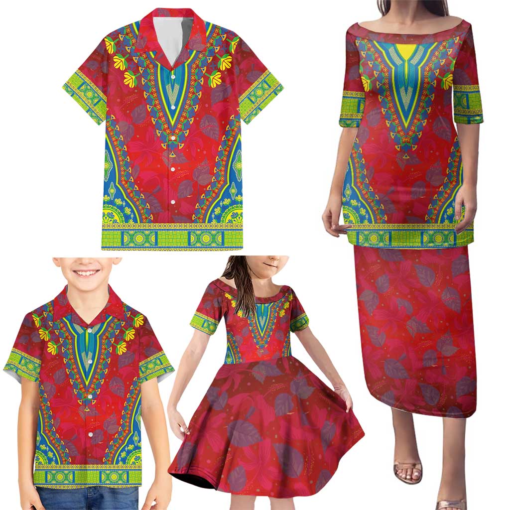 Haiti Choeblack Dashiki Style Family Matching Puletasi and Hawaiian Shirt Red Color