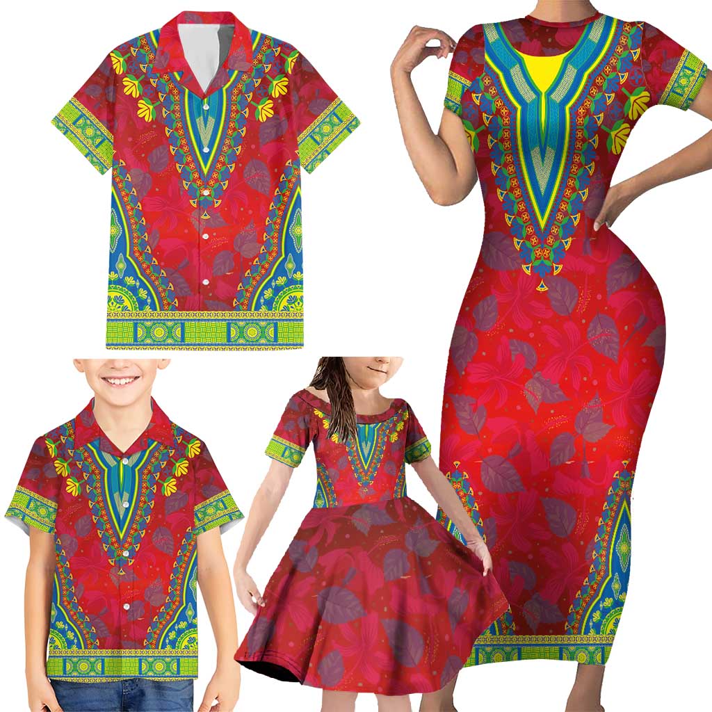 Haiti Choeblack Dashiki Style Family Matching Short Sleeve Bodycon Dress and Hawaiian Shirt Red Color