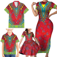 Haiti Choeblack Dashiki Style Family Matching Short Sleeve Bodycon Dress and Hawaiian Shirt Red Color